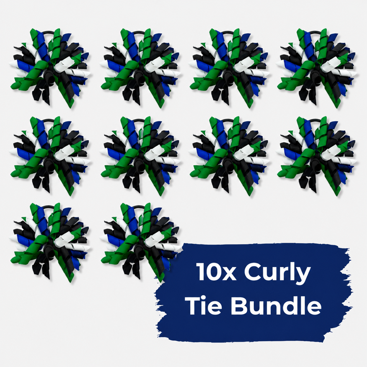 Green, Royal Blue, Black, and White Curly Tie Bundle (10 pack)
