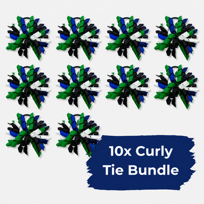 Green, Royal Blue, Black, and White Curly Tie Bundle (10 pack)